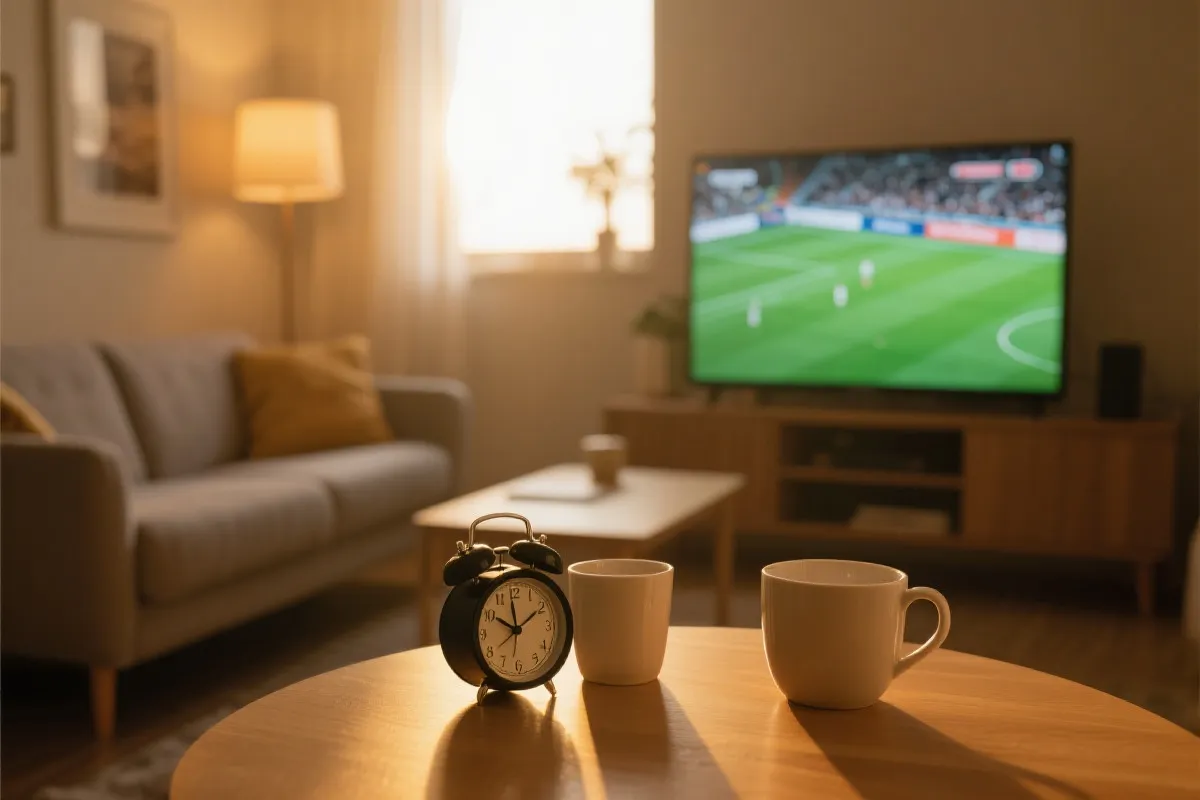 清晨房间里电视播放足球比赛的观赛场景，桌上有热饮与闹钟，温暖纪实风